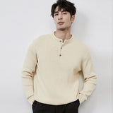 Cifeeo-Winter Outfits Men chill guy Autumn Men's Henry Collar Knit Sweater Korean Popular Light Luxury Button-down Long Sleeve Retro Leisure Pullover Basic Shirts