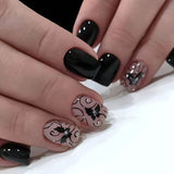 Cifeeo-Halloween Nails Press on Nails Black Butterfly French Fake Nails Rhinestone False Nail Patch Short Ballet Full Cover Artificial Art Nail Tip