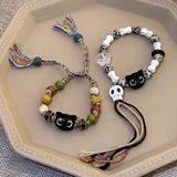 Cifeeo-Halloween Jewelry Black Cat White Head Skeleton Bracelet Cute Cat Claw Bone Resin Beads Braided Rope Stretch Bangle Hallowmas Festival Jewelry