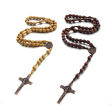 Cifeeo-Christmas Gift New Year's Eve Gift Handmade Wood Beads Rosary Necklace For Women Men Crucifix Cross Pendant Long braided Rope Chain Religious Prayer Jewelry