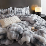 Cifeeo-Autumn and Winter Bedding Set Luxury Faux Rabbit Fur Bedding Set, Velvet Fleece, Gradient Blue, Grey, Plush, Duvet Cover, Flat, Fitted Bed Sheet, Pillowcases