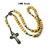 Cifeeo-Christmas Gift New Year's Eve Gift Catholic Wood Beaded Rosary Necklaces For Women Christian INRI Crucifix Cross Pendant Long Chain Men Religion Prayer Jewelry