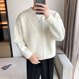 Cifeeo-Winter Outfits Men chill guy Winter Clothing Men Light Luxury Knit Patchwork Sweater Streetwear Stylish Retro Korean Popular Clothes Leisure O Neck Pullover