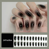 Cifeeo 24Pcs/Box Black Glossy False Nails Press On Nails Fashion Simple French Tips DIY Manicure Coffin Fake Nails With Designs