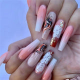 Cifeeo Fashion Blooming Long Ballerina Nail Tips French Coffin Fake Nails Set Press On Pink Gradient False Nails With Designs Manicure