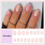 Cifeeo  French Square Head Fake Nails Press On Nails With Designs Wearable Flower False Nails Full Cover Nude Pink Manicure Patches