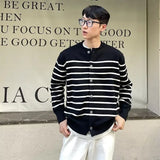 Cifeeo-Winter Outfits Men chill guy Autumn Clothing Men's Light Luxury Thin Striped Knit Cardigan Sweater Korean Vintage Popular Button-down Long Sleeve Knitwear