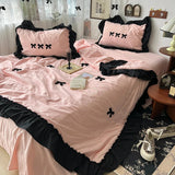 Cifeeo-1Pc Korean Style Princess Black Bow Ruffles Summer Quilt Soft Skin-friendly Washed Seersucker Blanket Bedspread 150X200/200X230