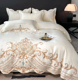 Cifeeo-Milkshake White Luxury Gold Embroidery 60S Satin Cotton Bedding Set Silky Duvet Cover Set 2 Pillowcases Flat sheet, Without Core