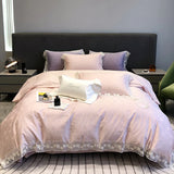 Cifeeo-Pink Purple Luxury Embroidery Bedding Set 1000TC Egyptian Cotton Rose Jacquard Lace Edge Duvet Cover Set Bed Sheet Pillowcases