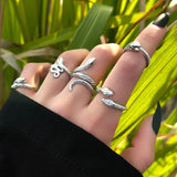 Cifeeo-Christmas Gift New Year's Eve Gift Retro Black Crystal Stone Ring Set For Women Vintage Geometric Knuckle Joint Ring Female Fashion Party Jewelry Accessories