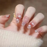 Cifeeo- Bling Short Ballerina Coffin False Nails Clouds Press On Salon Party Wear Nail Tips With Wearing Tool