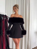 Cifeeo-new years eve outfits Christmas party outfits Women Black Fluffy Faux Fur Backless Mini Dress Fashion Strapless High A-neck Slim Dresses 2024 New Lady Party Gown Vestidos