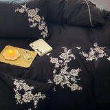 Cifeeo-Egyptian Cotton Flowers Embroidery Bedding Set, Black, Red, Khaki,Vintage Maillard Bedding Set,Duvet Cover,Bed Sheet,Pillowcases