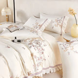 Cifeeo-Pastoral Flowers Embroidery Bedding Set, 100s Egyptian Cotton, Lace Ruffles, Duvet Cover Set, Flat, Fitted Bed Sheet, Pillowcase