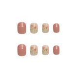 Cifeeo- 24Pcs Short Square False Nail With Sticker Pink Tulip Fake Nails Artificial Fake Nails DIY Full Cover Tips Manicure Tool