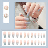 Cifeeo Fashion Pink Blue Blooming French Tips Coffin Fake Nail Tips With Designs Ballerina False Nails Set Press On Nails DIY Manicure