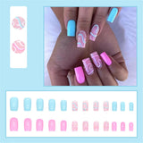 Cifeeo  Square Head False Nails With Designs French Blue Fringe Nails Set Press On Summer Thin French Tips Detachable Fake Nail Tips