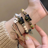 Cifeeo-Halloween Jewelry Black Cat White Head Skeleton Bracelet Cute Cat Claw Bone Resin Beads Braided Rope Stretch Bangle Hallowmas Festival Jewelry