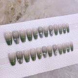 Cifeeo 24pcs Long Ballet French False Nails With Gradient Green Crystal Design Glitter Cat's Eye Fake Nail Tips Wearable Press On Nails