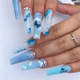 Cifeeo  Blue Long Ballerina Fake Nails Set Press On Nails French Butterfly False Nail Tips With Designs Shiny Rhinestone Coffin Nails