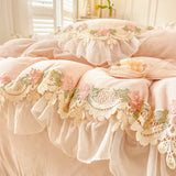 Cifeeo-Autumn and Winter Bedding Set Luxury Pink Super Soft Velvet Fleece Princess Bedding Set, Flowers Embroidery, Lace Ruffles, Duvet Cover, Bed Sheet, Pillowcases