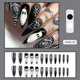 Cifeeo-Halloween Nails 24Pcs Halloween Press on Nail Ghost Water Drop False Nail Threaded Personalized Ghost Face Fake Nails For Women and Girl