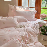 Cifeeo-3/4Pcs Pink Flowers Embroidery Egyptian Cotton Brushed Bedding Set Single Queen King Size Duvet Cover Set Bed Sheet Pillowcases