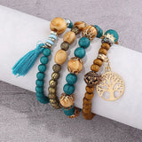 Cifeeo-Christmas Gift New Year's Eve Gift Boho Tree Of Life Bracelet Set For Women Fashion Tassels Charm Wooden Beads Elastic Chain Bangle Girl Trendy Party Jewelry