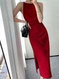 Cifeeo-Korean Summer Elegant Slim Red Sleeveless Midi Dress Office Lady Fashion Spaghetti Straps Bodycon Split Clothes Women Vestidos