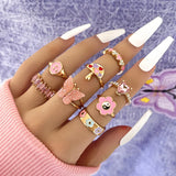Cifeeo-Christmas Gift New Year's Eve Gift Pink Acrylic Butterfly Knuckle Ring Set For Women Crystal Enamel Mushroom Yin Yang Flower Rings Girls Fashion Jewelry