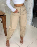 Cifeeo-Button Pockets Solid Color Pencil Pants Women's High Waist Khaki Casual Trousers 2024 Summer New Fashion Streetwear Long Pants