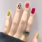 Cifeeo- Summer False Nail Manicure Patch Wearable Nail Finished Cow Pattern Short Square Fack Nail With Wearing Tool