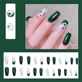 Cifeeo Green Glossy French Tips Coffin Fake Nails With Designs Lovely White Flower Ballerina False Nails Press On Nails DIY Manicure