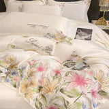 Cifeeo-Luxury Bedding Set Flowers Embroidery Summer Ice Silky Duvet Cover Set Fitted Sheet Bed Sheet Pillowcases Comforter Cover Set