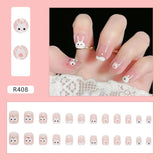 Cifeeo- 24pcs/box Press On False Nails Cute Bunny Nail Art Wearable Fake Nails Short Square Nails With Wearing Tools As Gift