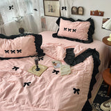 Cifeeo-1Pc Korean Style Princess Black Bow Ruffles Summer Quilt Soft Skin-friendly Washed Seersucker Blanket Bedspread 150X200/200X230