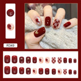 Cifeeo- Wine Red Checkerboard Fake Nails Art Nail Tips Press on False Nail Set Full Cover Artificial Short Head 24pcs/pack