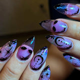 Cifeeo-Halloween Nails 2023 Halloween False Nails Moon Star Printed Purple Almond Fake Nail Patch Press on Nails Artificial Nail accessories