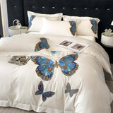 Cifeeo-Egyptian Cotton, Luxury Butterfly Embroidery Bedding Set, Queen King Duvet Cover, Flat, Bed Sheet, Pillowcases, White ,100S