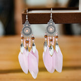 Cifeeo-Christmas Gift New Year's Eve Gift Bohemian Ethnic Feather Drop Earrings For Women Elegant Wood Beads Leaf Long Tassels Dangle Earring Girls Fashion Party Jewelry