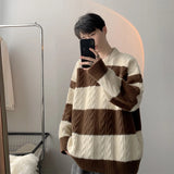 Cifeeo-Winter Outfits Men chill guy Men's O Neck Patchwork Knitted Pullover Sweater Casual Vintage Loose Light Luxury Korean Popular Long Sleeve Winter Clothing