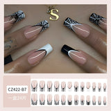 Cifeeo-Halloween Nails 24pcs Halloween Wearing Nails Long Ballerina False Nails Press on Nails Black White French Nail Art Detachable Nail Tips