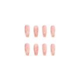 Cifeeo- Pink Simple Gradient Detachable Coffin False Nails Wearable Gold Foil Sequins Fake Nails Full Cover Nail Tips Press On Nails