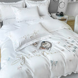 Cifeeo-White Luxury Bedding Set Butterfly Flowers Embroidery Summer Ice Silky Duvet Cover Set Fitted Sheet Bed Sheet Pillowcases 4Pcs