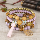 Cifeeo-Christmas Gift New Year's Eve Gift Boho Tree Of Life Bracelet Set For Women Fashion Tassels Charm Wooden Beads Elastic Chain Bangle Girl Trendy Party Jewelry