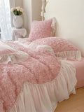 Cifeeo-Three-Dimensional Rose Flowers Lace Ruffles Patchwork Bedding Set, Duvet Cover, Bed Sheet, Pillowcases, Pink, Egyptian Cotton