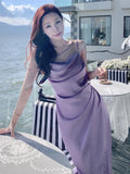 Cifeeo-Summer Elegant Satin Graduation Party Midi Dress Women France Chic Slim Spaghetti Straps Robe Korean Folds Clothes