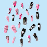 Christmas Cifeeo False Nails Press On Set Almond Black Ghost Design Long Fake Nail Pumpkin Pressure Decorated Adhesive Nail Tips 24Pcs