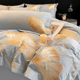 Cifeeo-100% Cotton Thickened Brushed Bedding Set Luxury Gold Ginkgo Leaf Embroidery Duvet Coves Flat/Fitted Bed Sheet Pillowcases 4Pcs